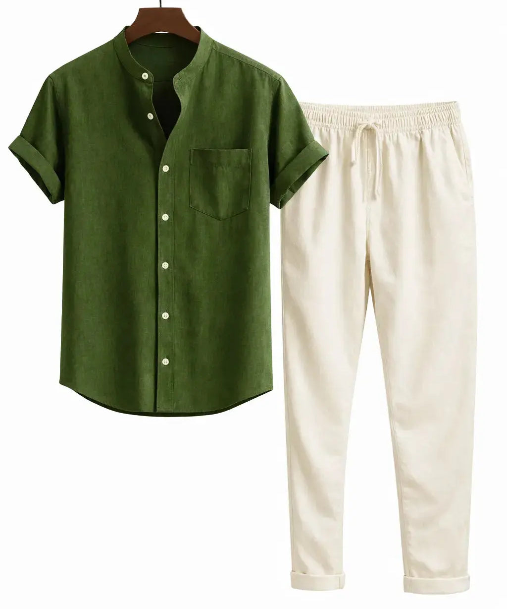 Front view of Dark Green Short Sleeve Stand Collar Shirt & Straight Leg Linen Pants