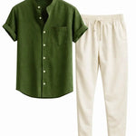Front view of Dark Green Short Sleeve Stand Collar Shirt & Straight Leg Linen Pants