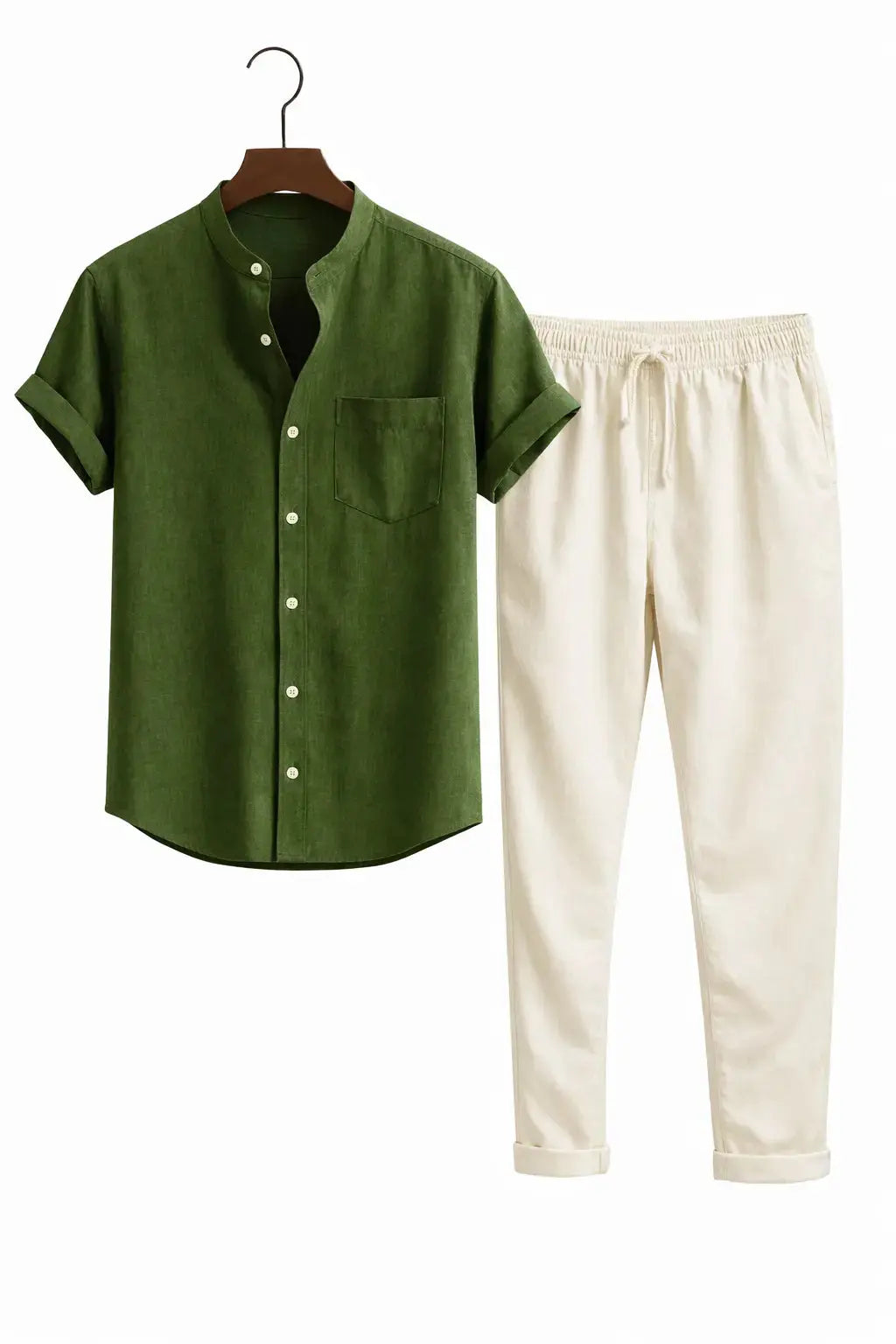 Front view of Dark Green Short Sleeve Stand Collar Shirt & Straight Leg Linen Pants