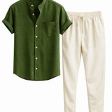 Front view of Dark Green Short Sleeve Stand Collar Shirt & Straight Leg Linen Pants