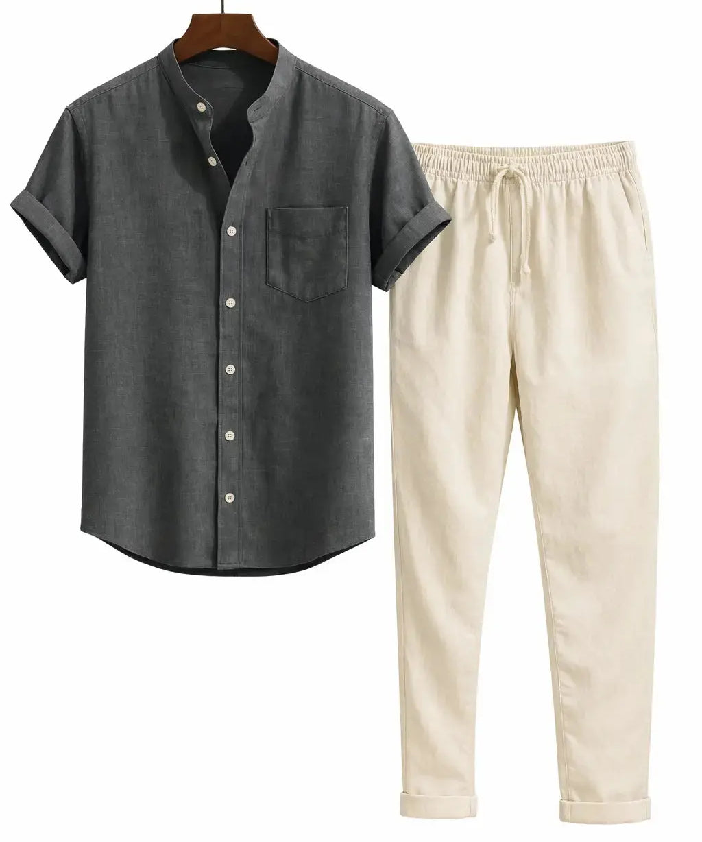 Front view of Grey Short Sleeve Stand Collar Shirt & Straight Leg Linen Pants