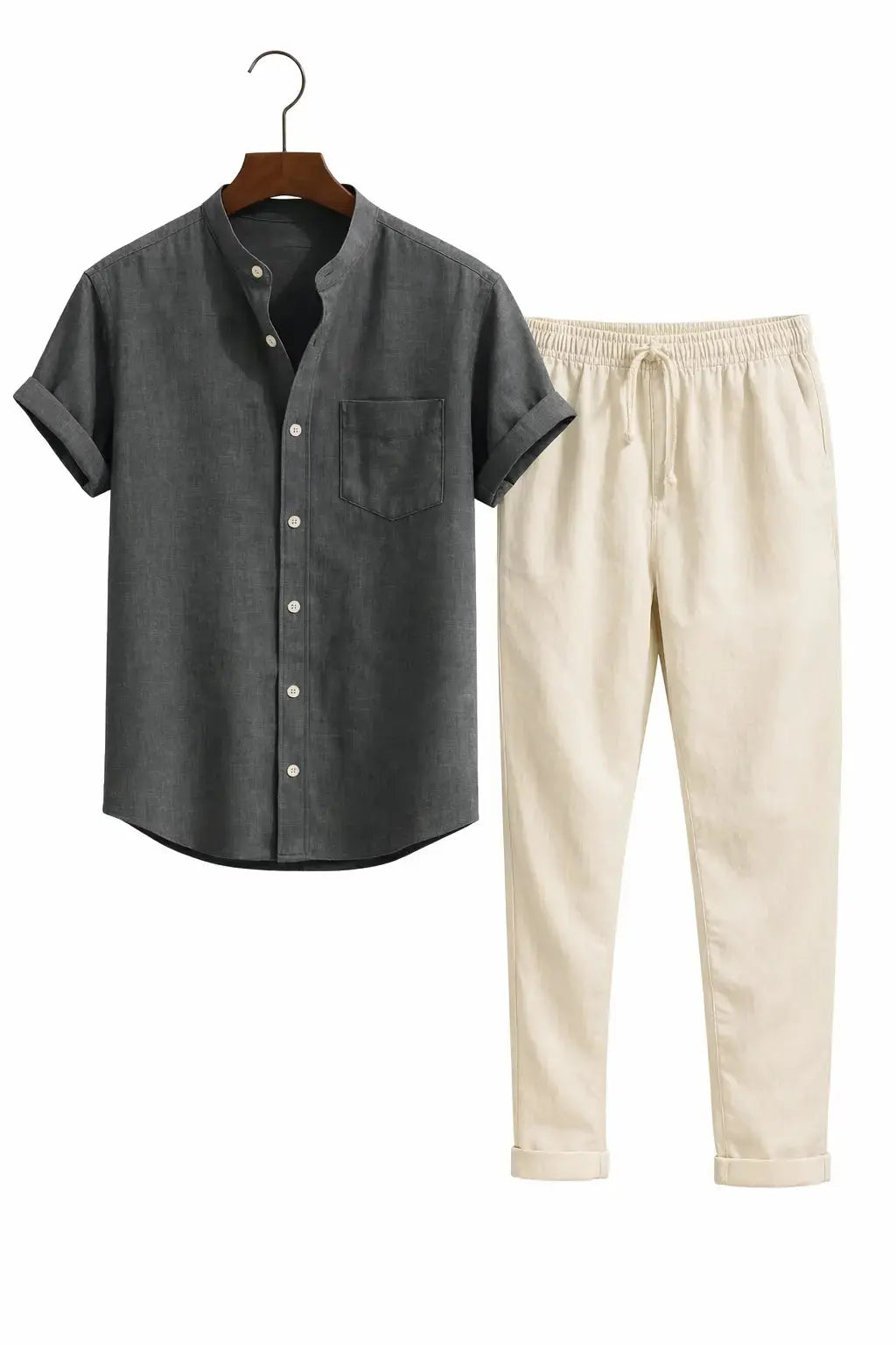Front view of Grey Short Sleeve Stand Collar Shirt & Straight Leg Linen Pants