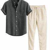 Front view of Grey Short Sleeve Stand Collar Shirt & Straight Leg Linen Pants