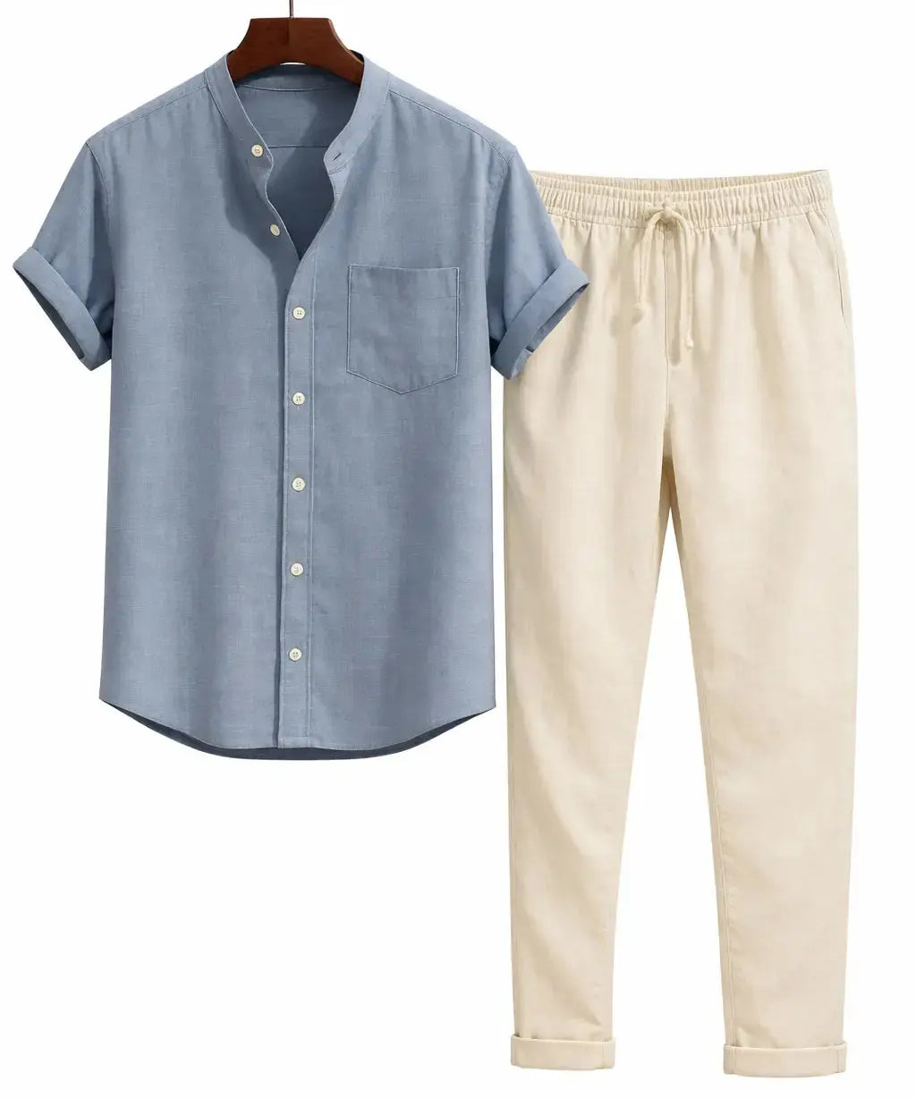 Front view of Light Blue Short Sleeve Stand Collar Shirt & Straight Leg Linen Pants
