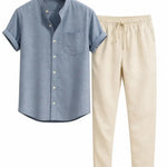 Front view of Light Blue Short Sleeve Stand Collar Shirt & Straight Leg Linen Pants