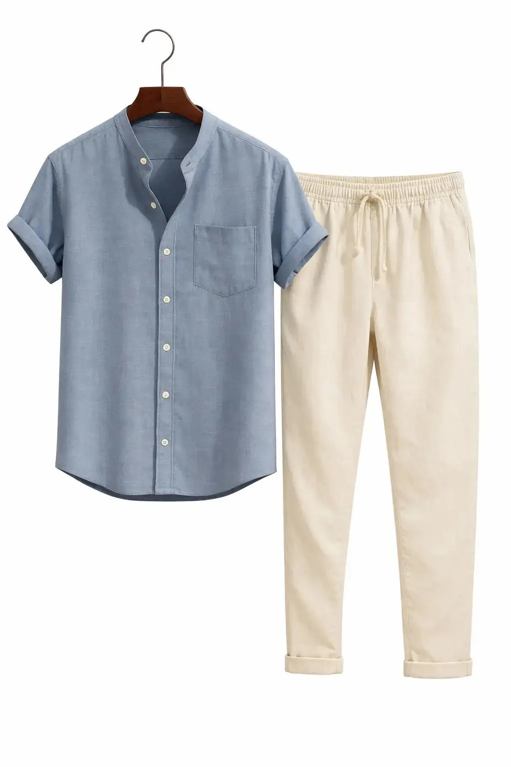 Front view of Light Blue Short Sleeve Stand Collar Shirt & Straight Leg Linen Pants