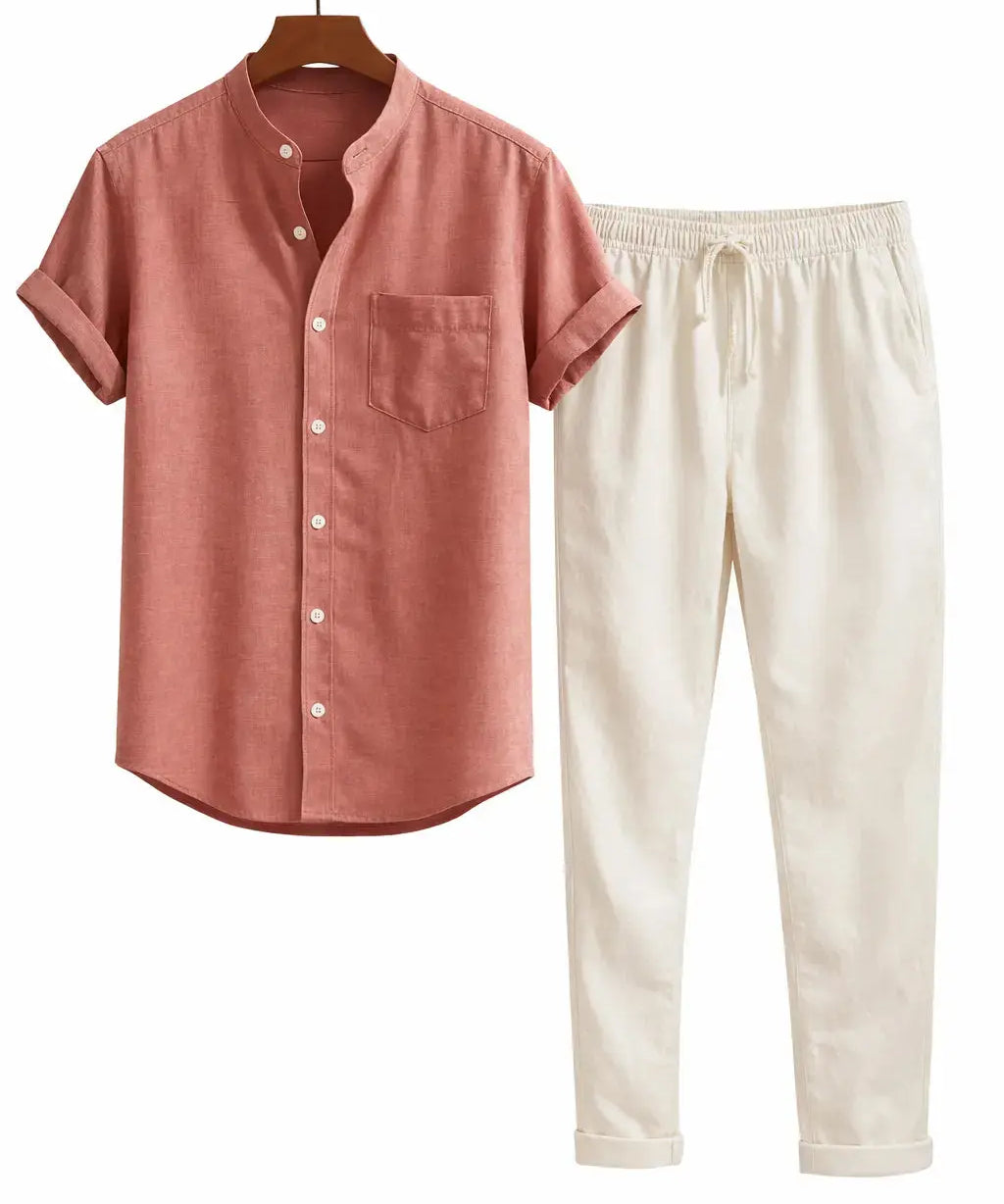 Front view of Light Pink Short Sleeve Stand Collar Shirt & Straight Leg Linen Pants