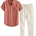 Front view of Light Pink Short Sleeve Stand Collar Shirt & Straight Leg Linen Pants