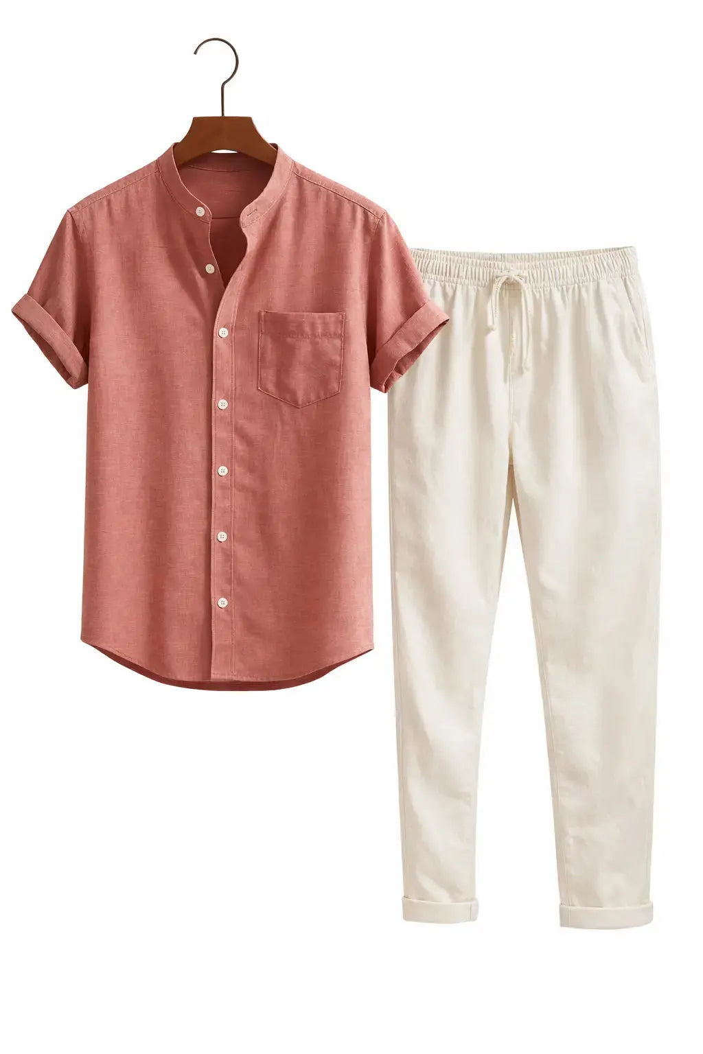 Front view of Light Pink Short Sleeve Stand Collar Shirt & Straight Leg Linen Pants