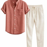 Front view of Light Pink Short Sleeve Stand Collar Shirt & Straight Leg Linen Pants