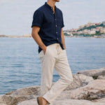 Short Sleeve Stand Collar Shirt & Straight Leg Linen Pants shown in a lifestyle setting, alternate view