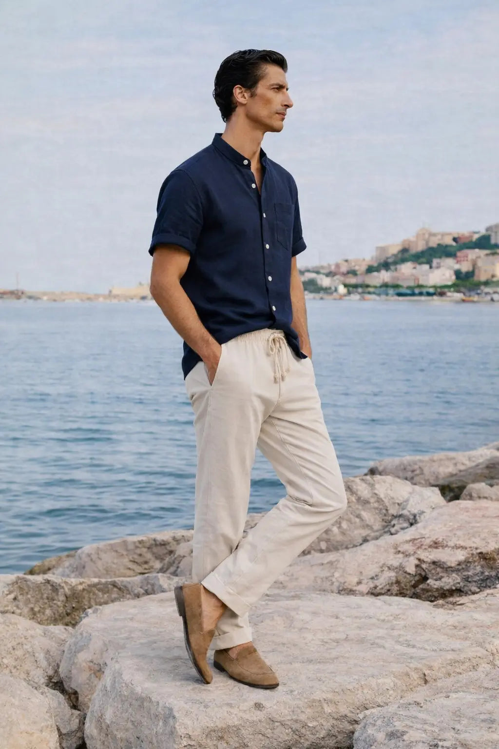 Short Sleeve Stand Collar Shirt & Straight Leg Linen Pants shown in a lifestyle setting, alternate view