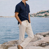 Short Sleeve Stand Collar Shirt & Straight Leg Linen Pants shown in a lifestyle setting, alternate view