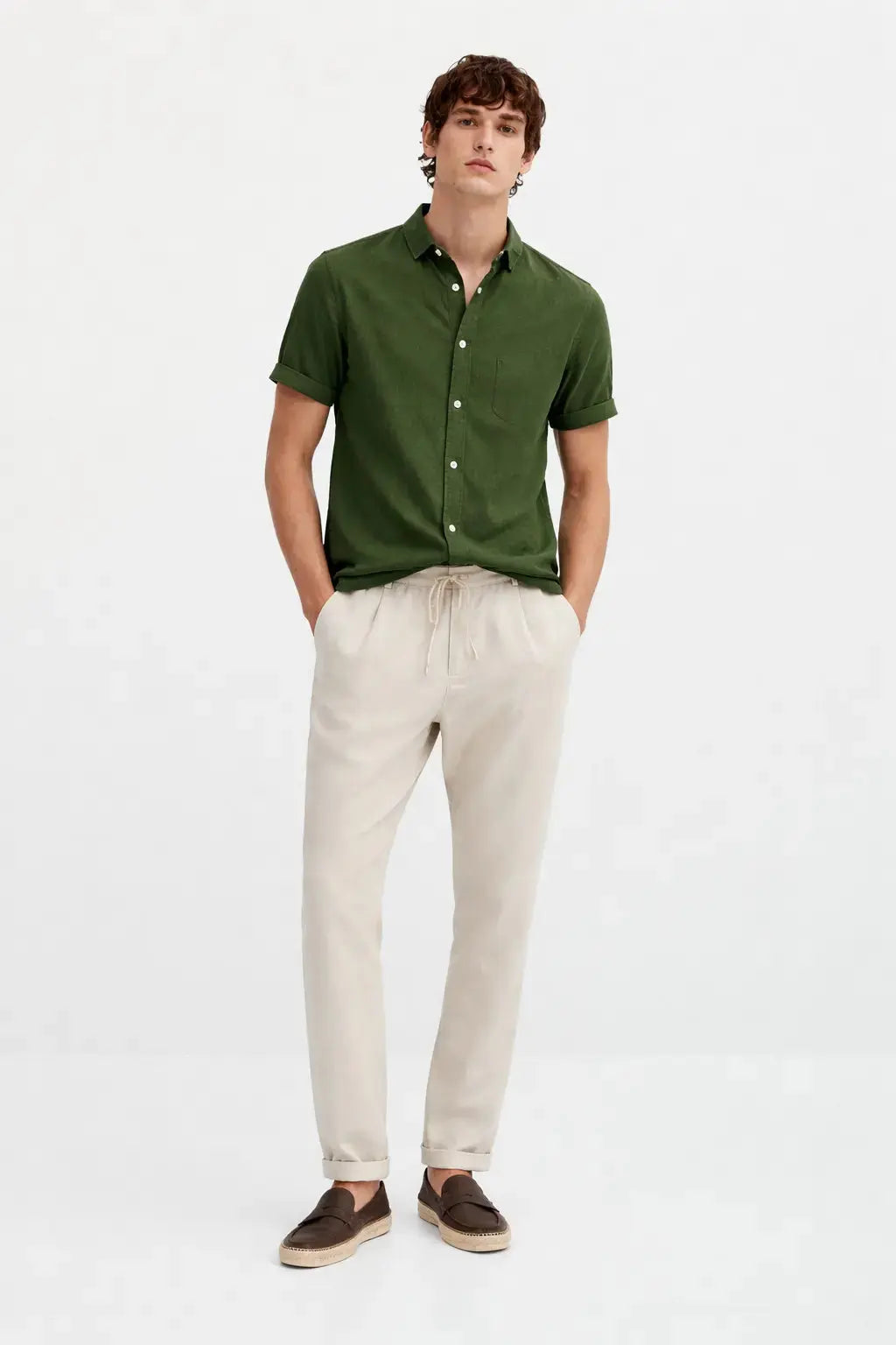 Short Sleeve Stand Collar Shirt & Straight Leg Linen Pants shown in a lifestyle setting, back angle view