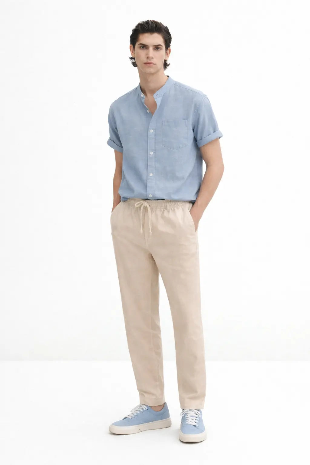 Short Sleeve Stand Collar Shirt & Straight Leg Linen Pants shown in a lifestyle setting, full length view