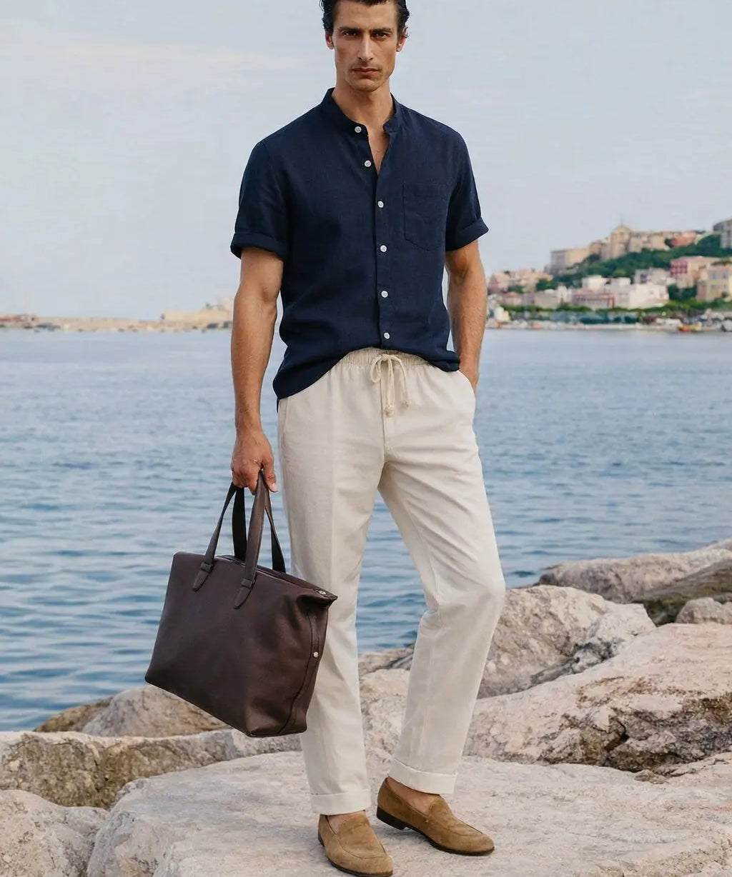 Short Sleeve Stand Collar Shirt & Straight Leg Linen Pants shown in a lifestyle setting