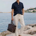 Short Sleeve Stand Collar Shirt & Straight Leg Linen Pants shown in a lifestyle setting