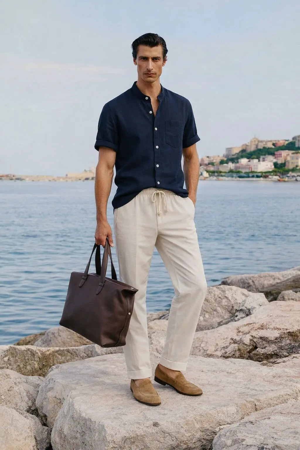 Short Sleeve Stand Collar Shirt & Straight Leg Linen Pants shown in a lifestyle setting