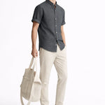 Side view of Short Sleeve Stand Collar Shirt & Straight Leg Linen Pants, alternate view