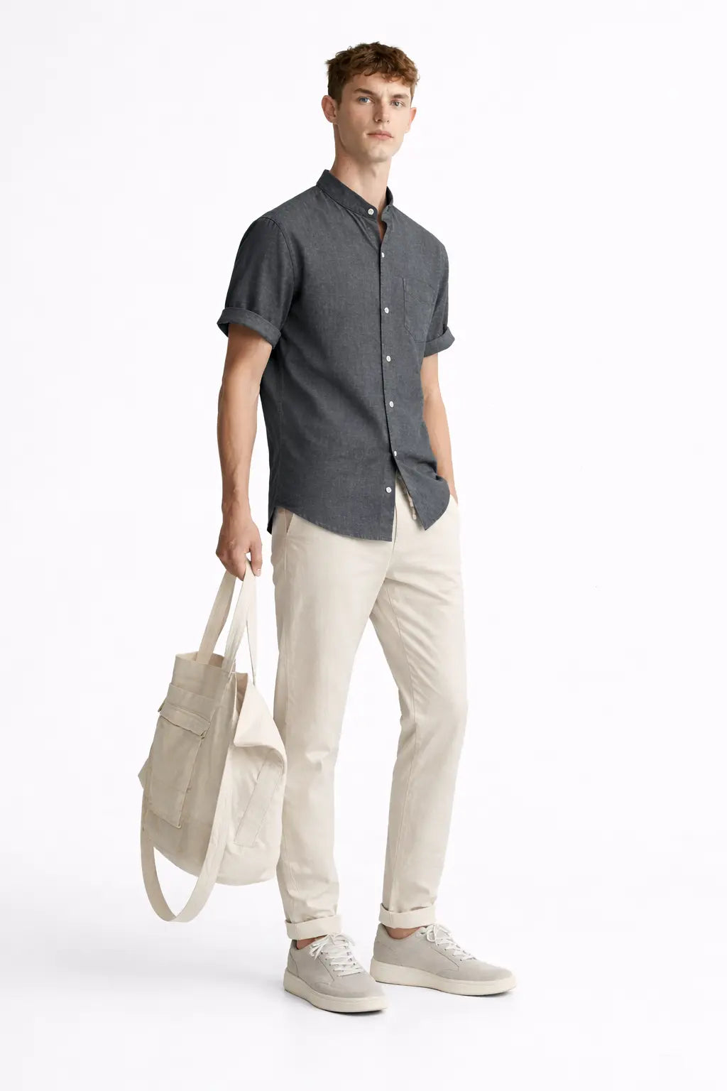 Side view of Short Sleeve Stand Collar Shirt & Straight Leg Linen Pants, alternate view
