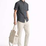Side view of Short Sleeve Stand Collar Shirt & Straight Leg Linen Pants, alternate view