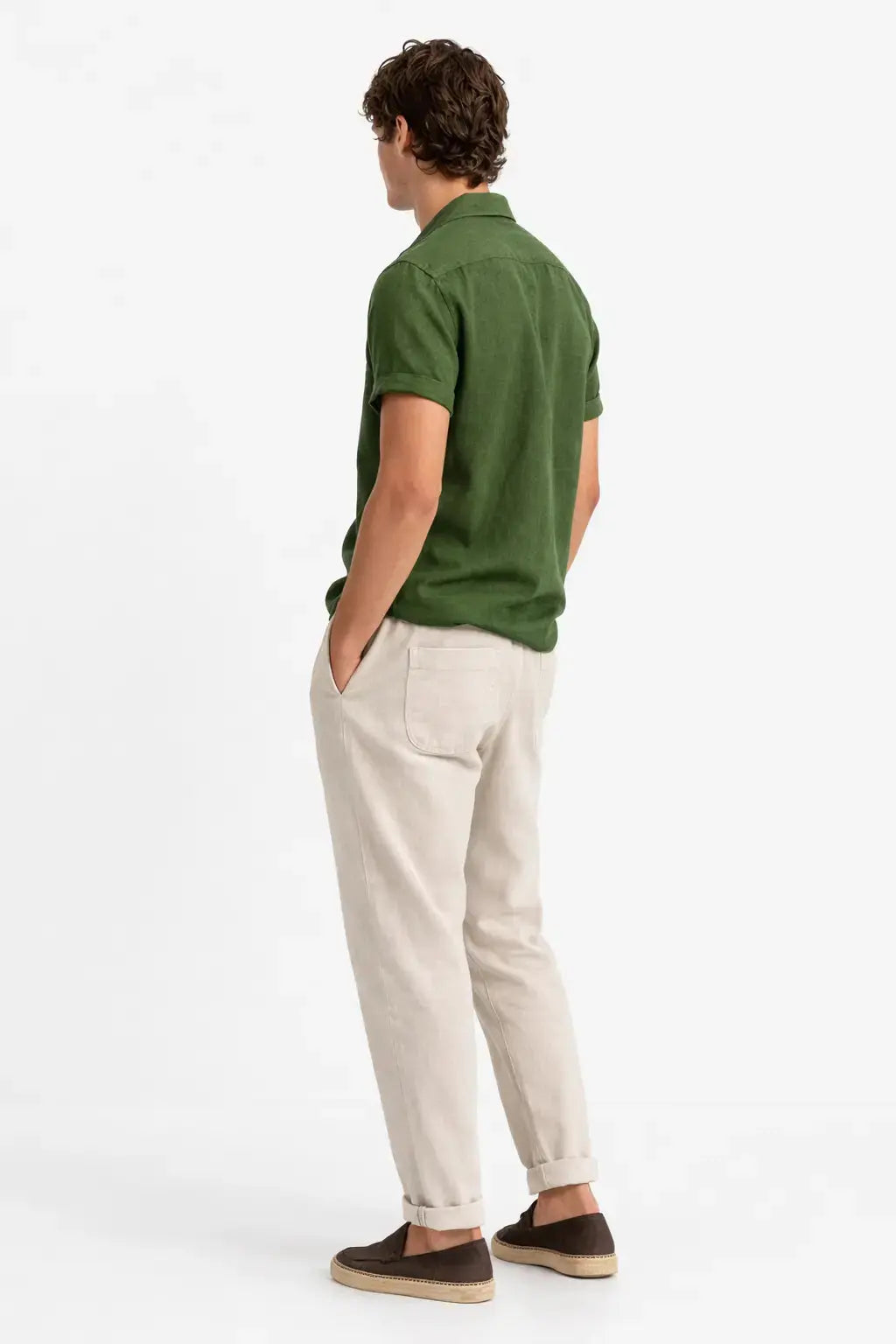 Side view of Short Sleeve Stand Collar Shirt & Straight Leg Linen Pants, close up