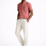 Side view of Short Sleeve Stand Collar Shirt & Straight Leg Linen Pants, opposite side