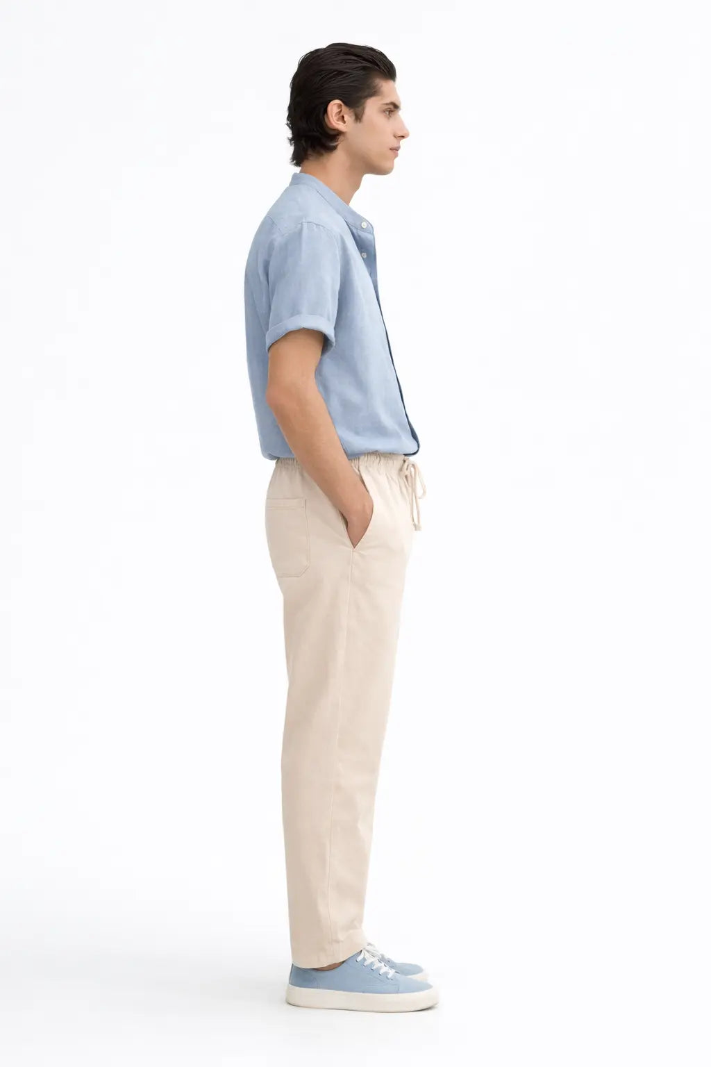 Side view of Short Sleeve Stand Collar Shirt & Straight Leg Linen Pants