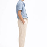 Side view of Short Sleeve Stand Collar Shirt & Straight Leg Linen Pants