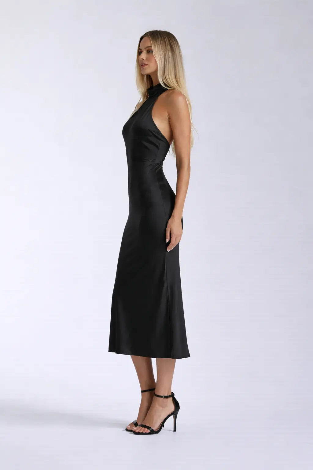 Silken Grace Dress shown in a lifestyle setting, full length view