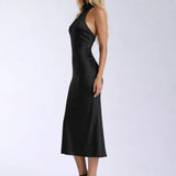 Silken Grace Dress shown in a lifestyle setting, full length view