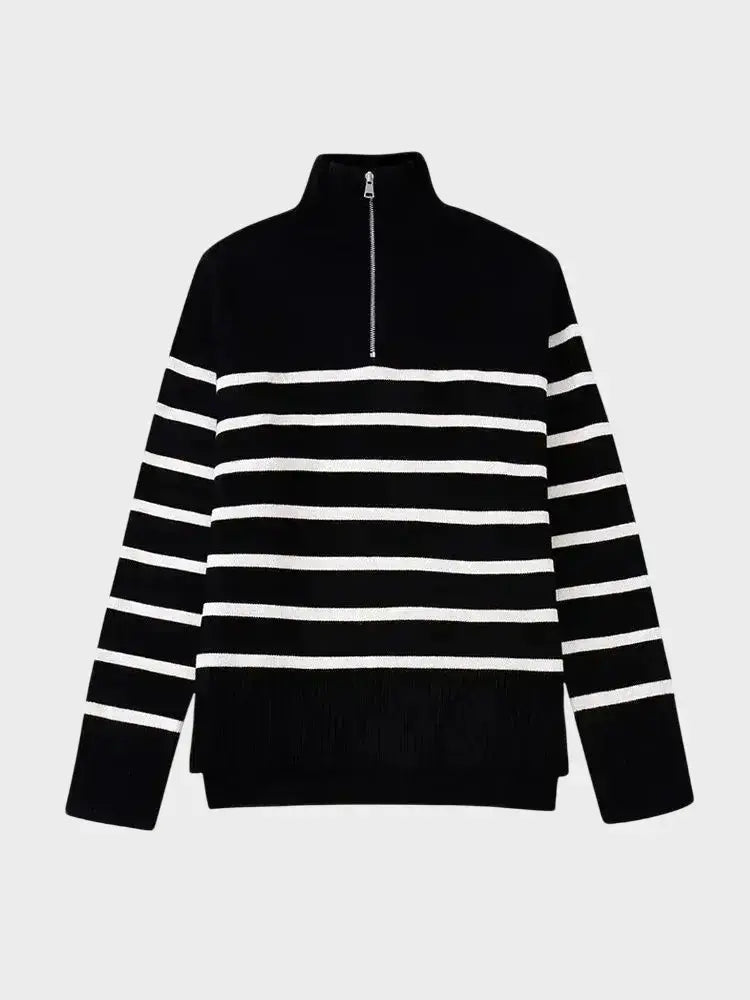 Front view of Black Striped Knit Sweater