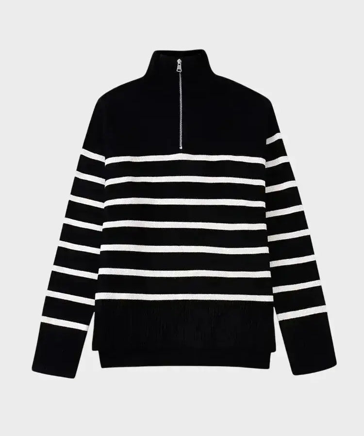 Front view of Black Striped Knit Sweater