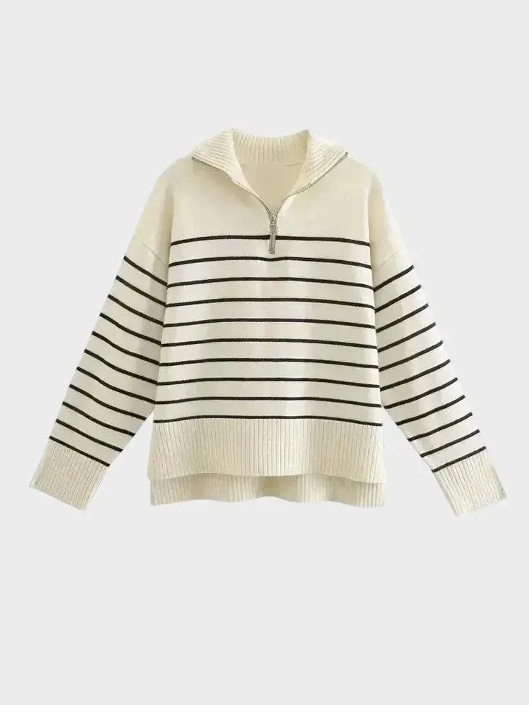 Front view of White Striped Knit Sweater