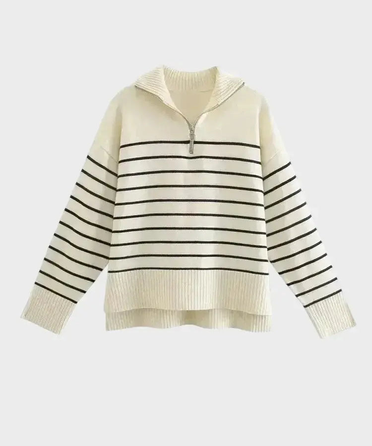 Front view of White Striped Knit Sweater