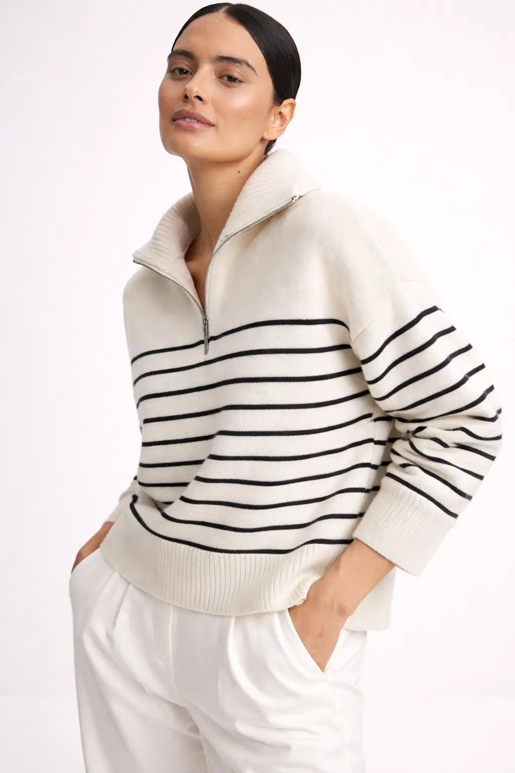 Striped Knit Sweater shown in a lifestyle setting, alternate view