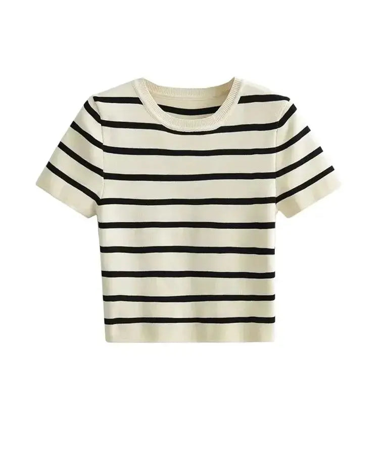 Front view of Black / Cream Striped Knit top