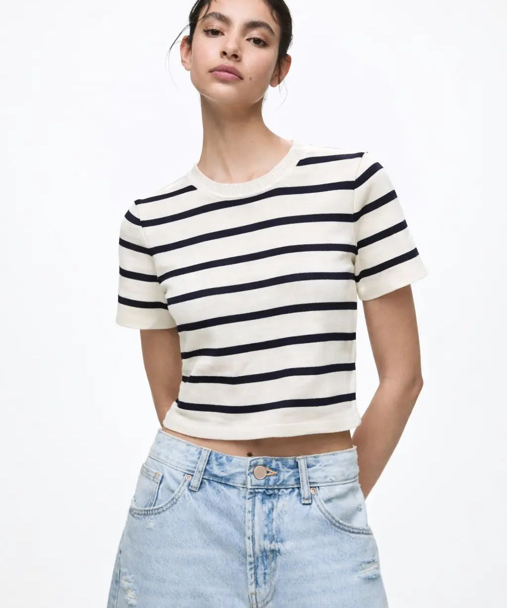 Striped Knit top shown in a lifestyle setting