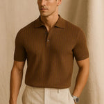 Striped Polo Shirt shown in a lifestyle setting, alternate view
