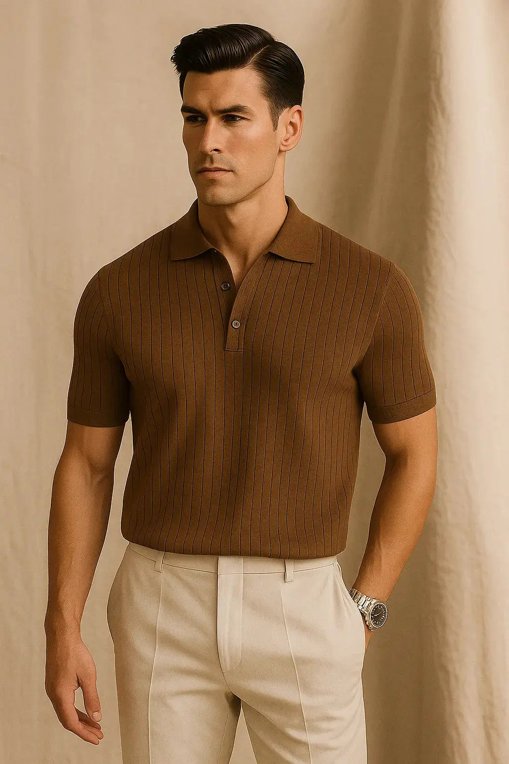 Striped Polo Shirt shown in a lifestyle setting, alternate view