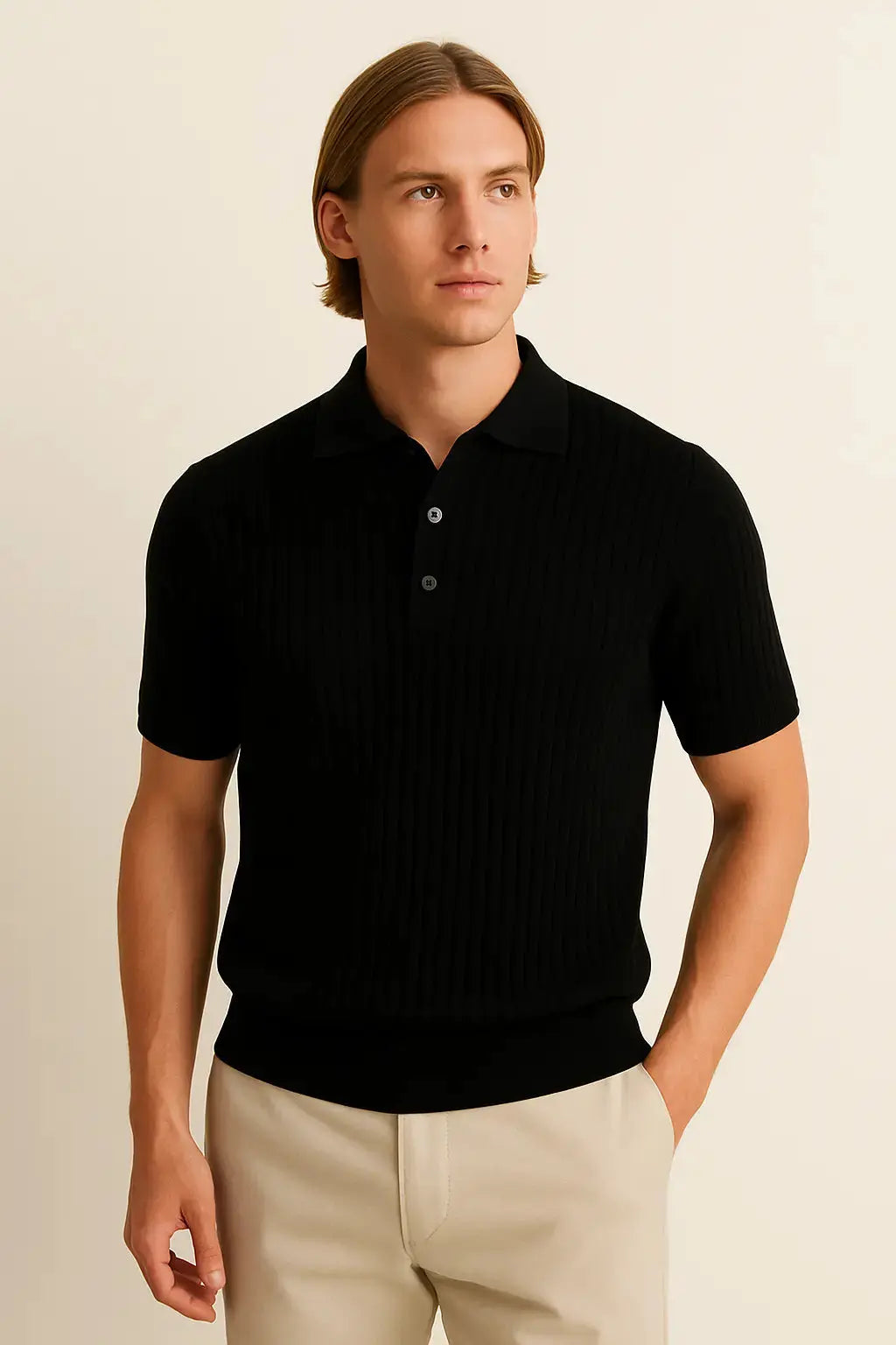 Striped Polo Shirt shown in a lifestyle setting, full length view