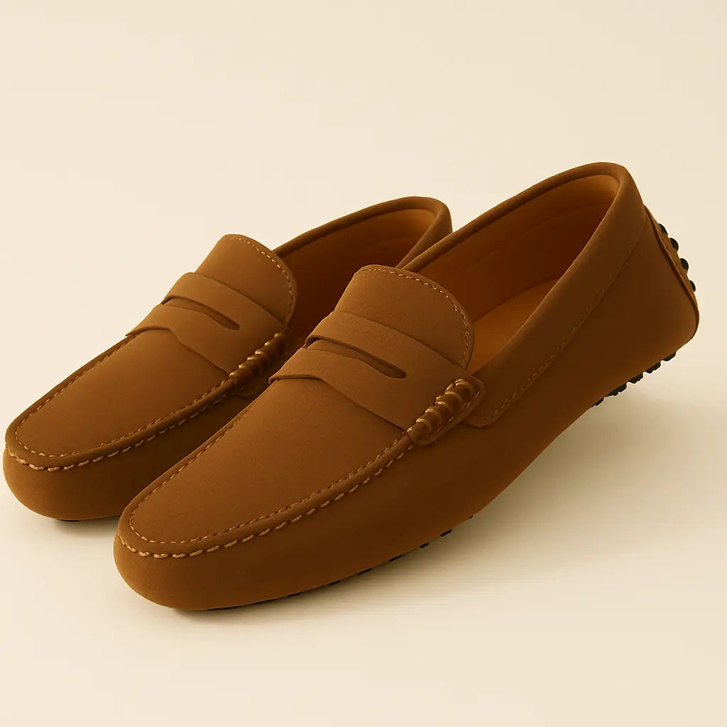 Side view of Brown Suede Driver Loafers