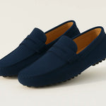 Side view of Navy Blue Suede Driver Loafers