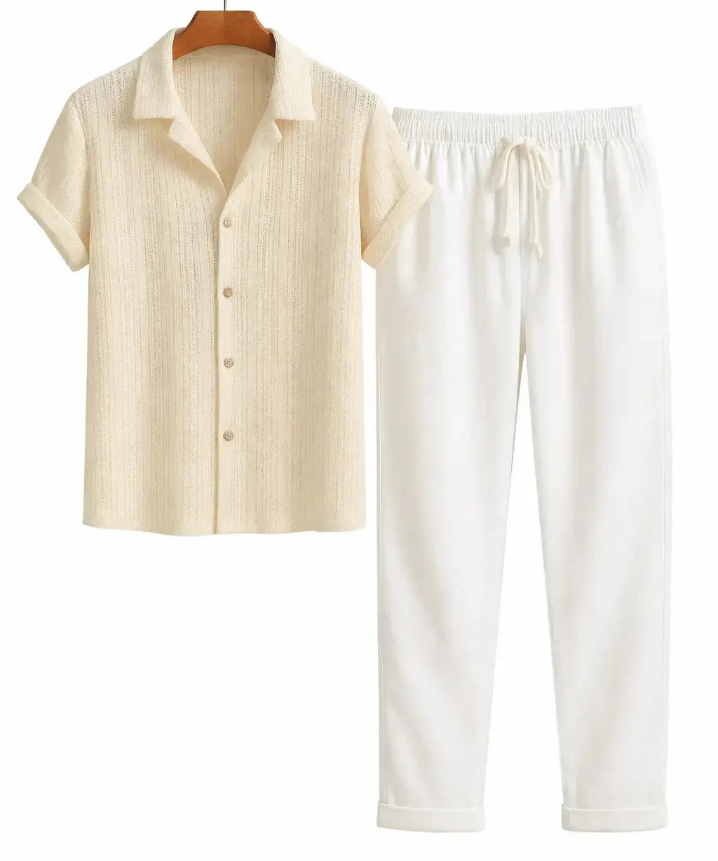 Front view of Beige & White Suva - Short-Sleeved Set