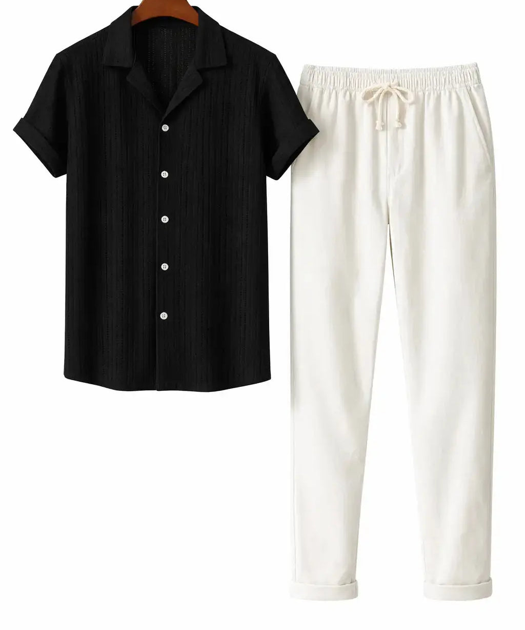 Black & white Suva - Short-Sleeved Set shown in a lifestyle setting