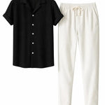 Black & white Suva - Short-Sleeved Set shown in a lifestyle setting