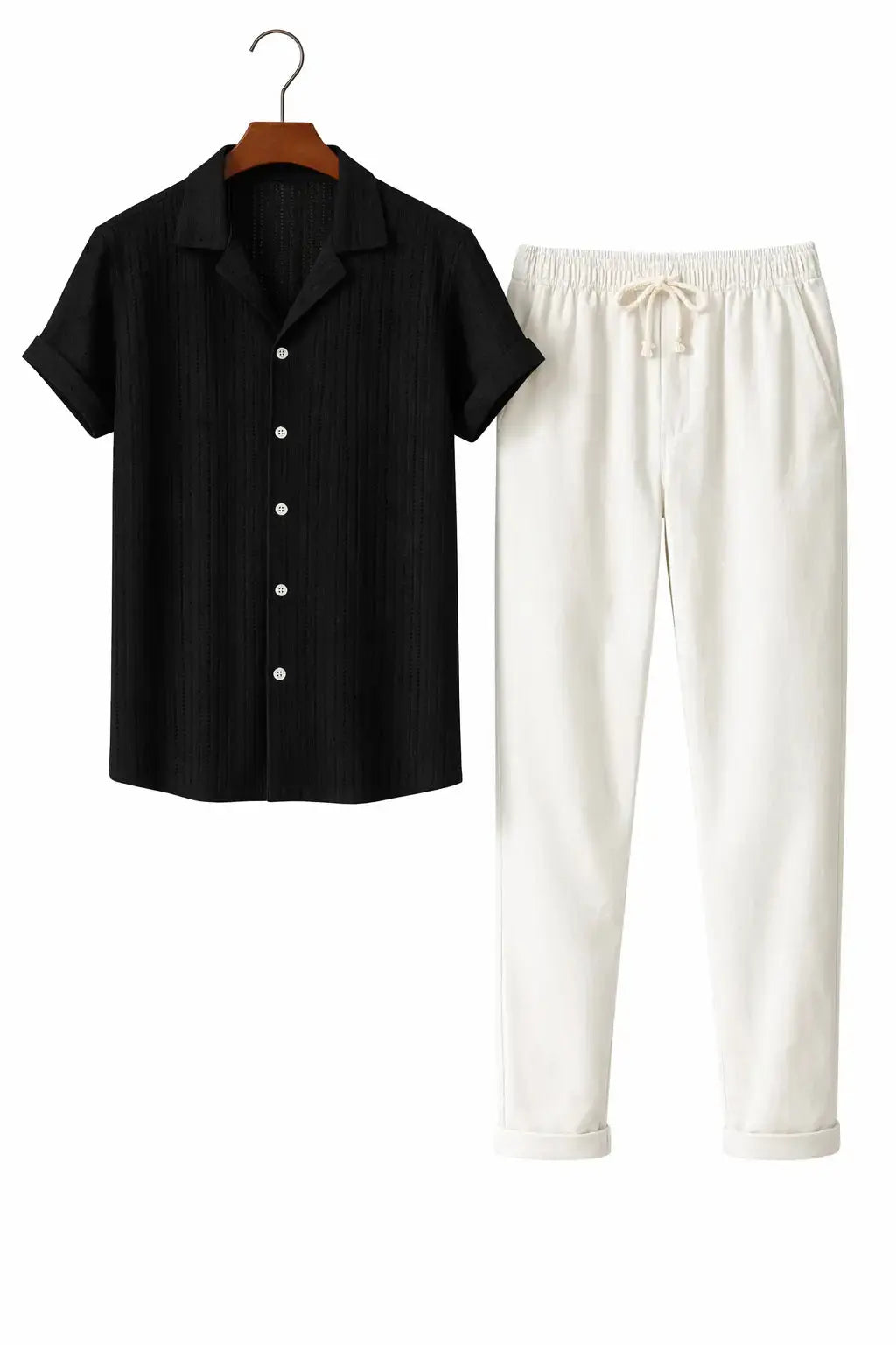 Black & white Suva - Short-Sleeved Set shown in a lifestyle setting