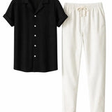 Black & white Suva - Short-Sleeved Set shown in a lifestyle setting