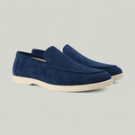 Close-up detail of Navy Blue THE CAPRICE SUEDE LOAFERS