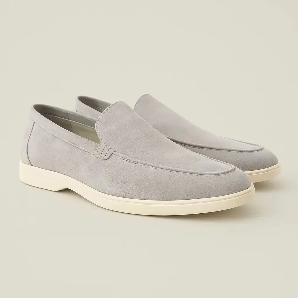 Grey THE CAPRICE SUEDE LOAFERS shown in a lifestyle setting